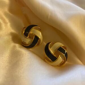 Vintage Napier earrings sculptural basketweave knot design black cream enamel